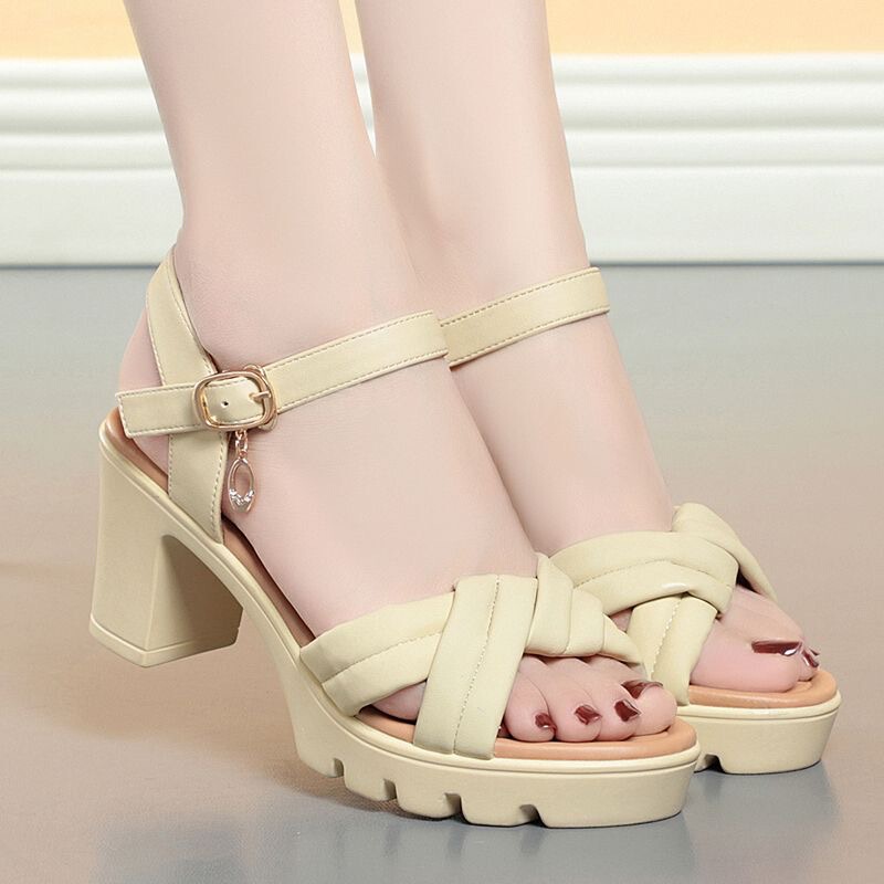 Thick-Soled Sandals for Women 2026 New Summer Mid-Heel Waterproof Platform Women's Sandals Soft Leather Soft-Soled Open-Toe Sandals High Heels