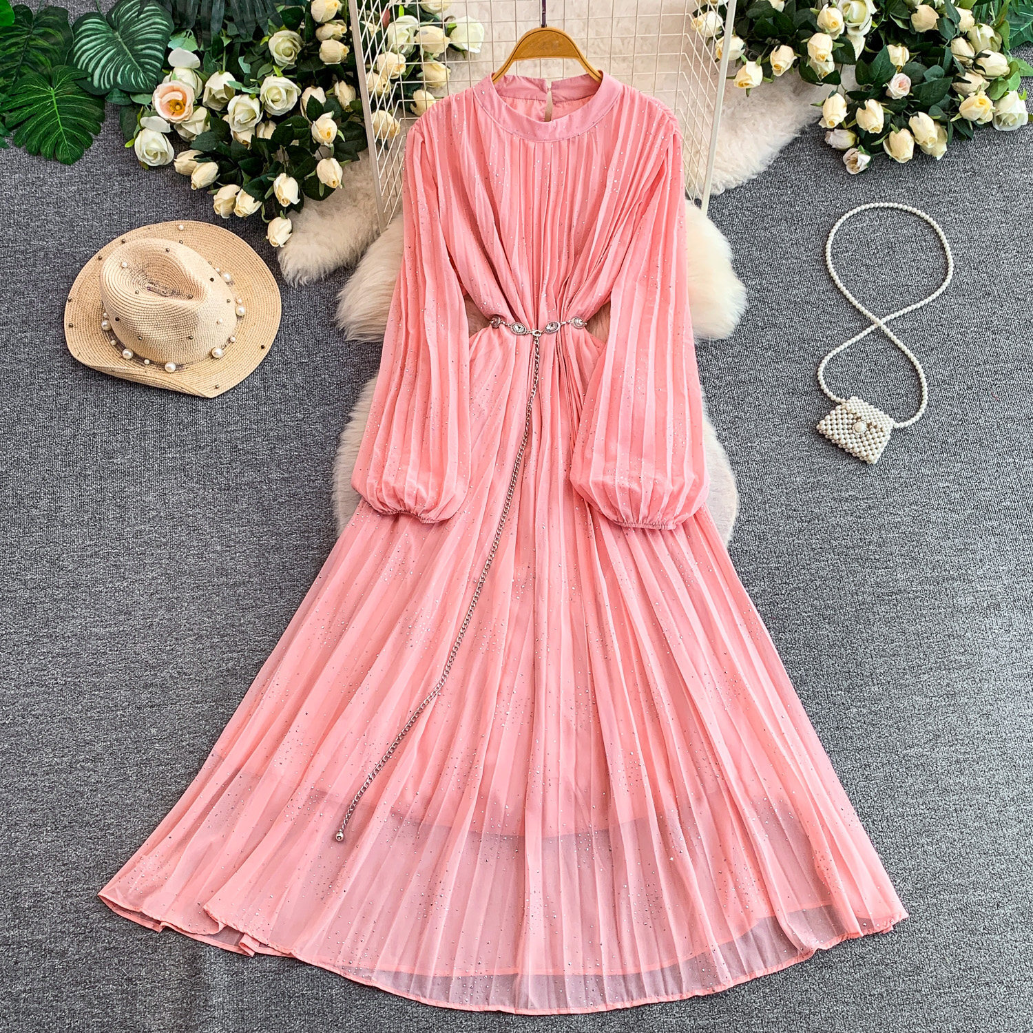 Women's French Style Light Luxury Sparkly Rhinestone round Neck Long Sleeve Dress Summer Slimming Pleated Long Skirt_ecoleips.com