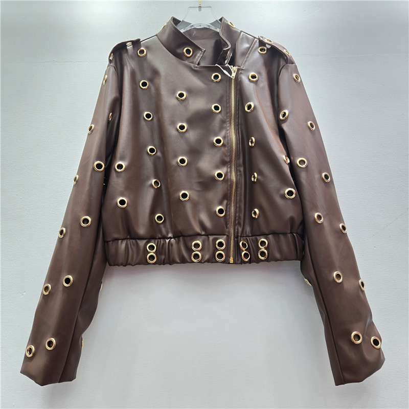 European and American Sweet and Cool Fashion Sexy Cut Out Metal Circle Stand Collar Zipper Long-Sleeved Leather Jacket Women's Short Jacket Trendy
