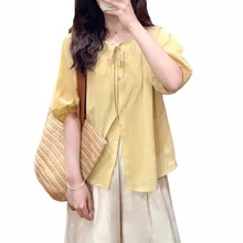 法式黄色棉麻灯笼袖正肩短袖衬衫女夏季设计感娃娃衫亚麻衬衣上衣