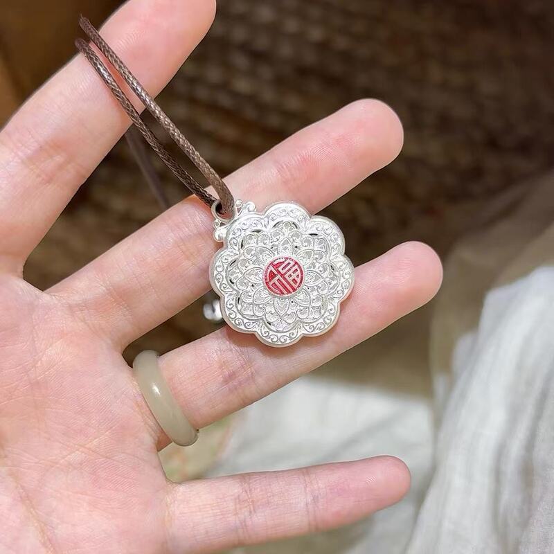 时尚宫廷风立体双面花朵项链新中式国潮珐琅彩釉福字吊坠毛衣链|undefined