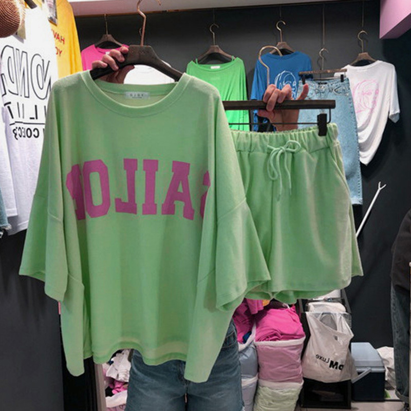 Shorts Short-sleeved plus size Sports suit Women's Summer Loose Korean-style Student Cotton Casual Two-piece Trendy Running Clothes