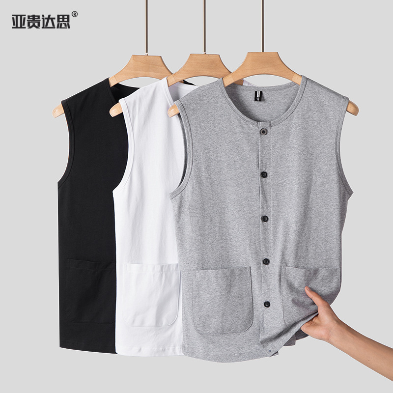 Middle-aged and elderly pure cotton wide shoulder vest men's summer dad loose cardigan waistband pocket sleeveless pajamas for the elderly