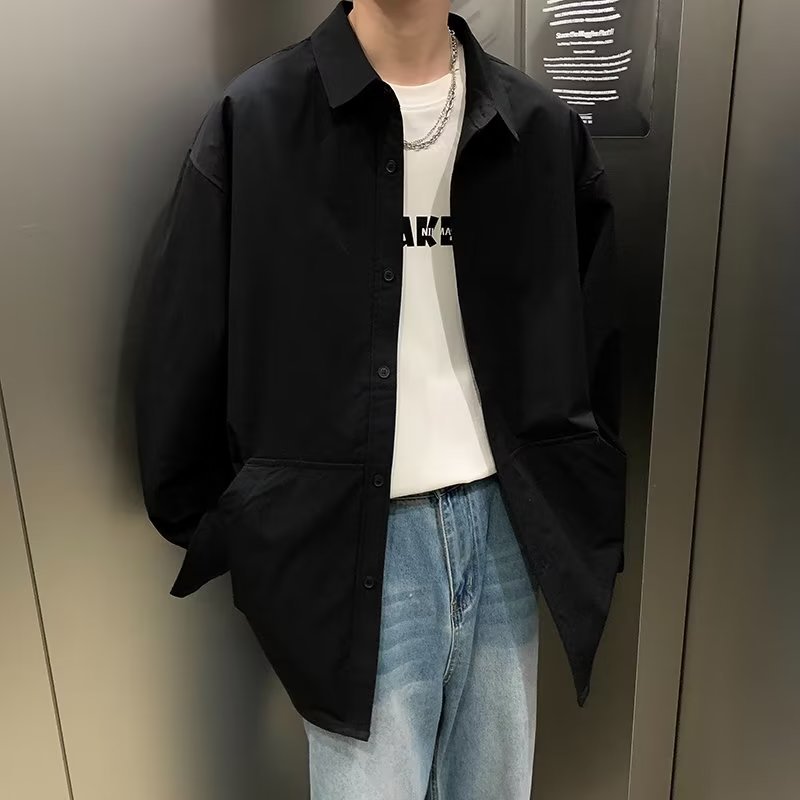 长袖工装衬衫男宽松大码港风衬衣春秋免烫日系休闲外套简约休闲