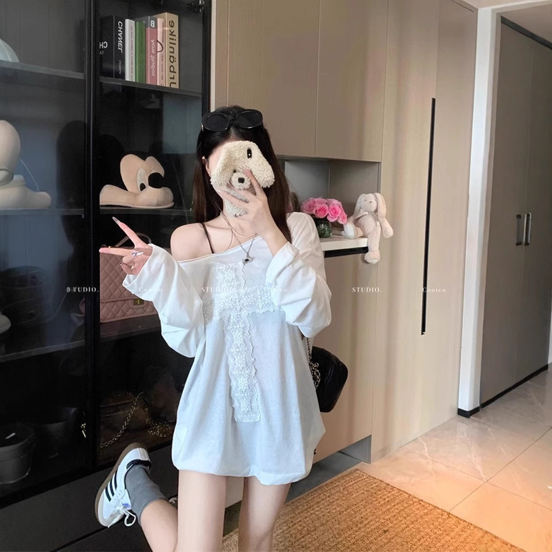 Home Factory in stock Pure Shoulder Long Sleeve T-shirt Women's Loose Mid-length Cross Lace Stitching Top Blouse