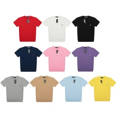 RL ラフポニーロゴラウンドネック夏 V ネック半袖プルオーバークラシックツイストニットコットン Tシャツトップ刺繍