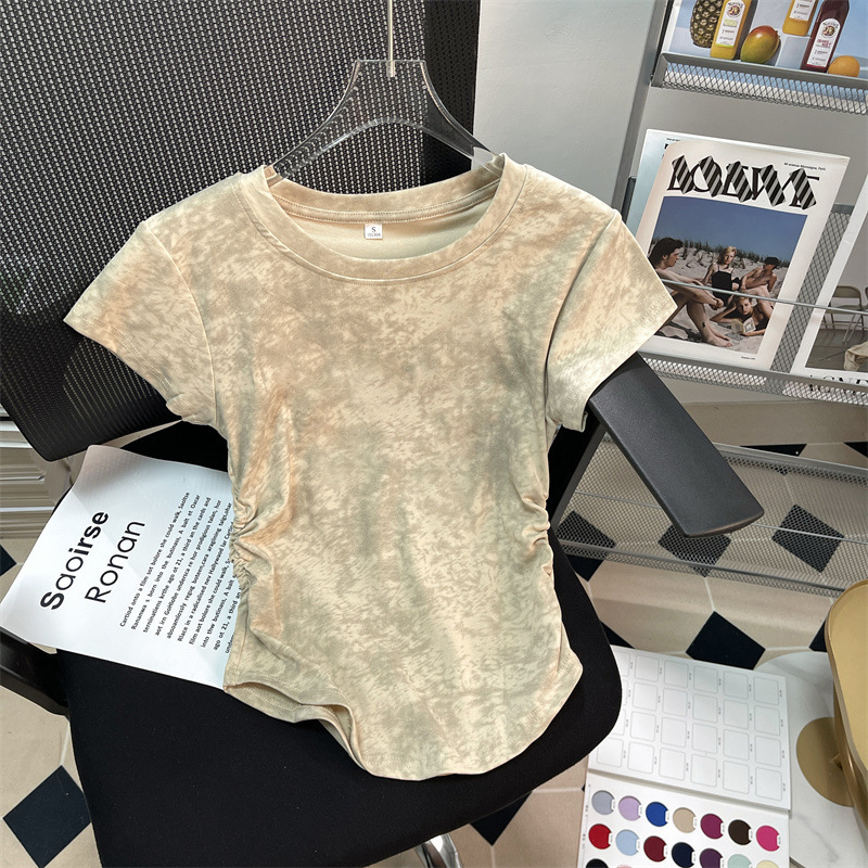 Pure Cotton Tie-Dye Shoulder Short-Sleeved T-Shirt Women's Summer Tight-Fit Pleated Slimming Irregular Design Short Top