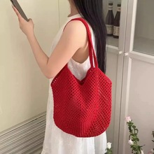 韩系慵懒风大容量复古红色针织托特包小众百搭度假风编织包女士包