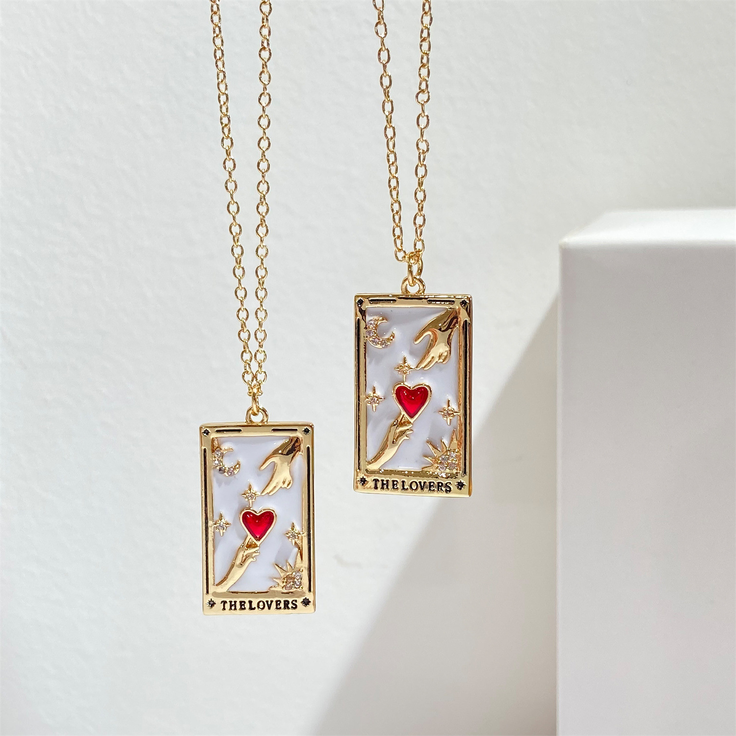 Retro Square Heart Shape Copper Enamel Rhinestones Pendant Necklace