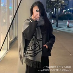 25新款VIVI大土星西太后羊毛围巾女秋冬刺绣流苏双面羊绒情侣披肩