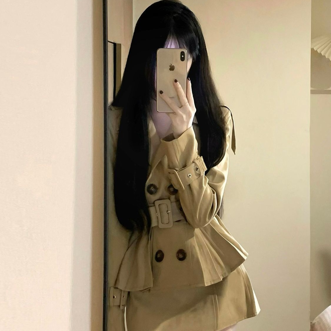 迷雾柏林 韩系双排扣收腰上衣+包臀半身裙两件套卡其色风衣套装女