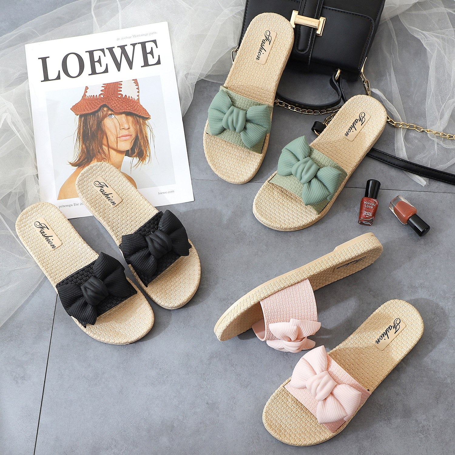 2021时尚简约蝴蝶结日常休闲凉鞋糖果色可爱室内室外懒人拖鞋外穿