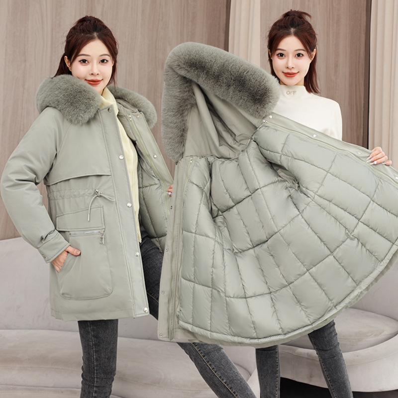2025 ropa de algodón desmontable para mujeres otoño y invierno nuevo cuello de cabello grande coreano medio largo suelto y grueso chaqueta de algodón lote