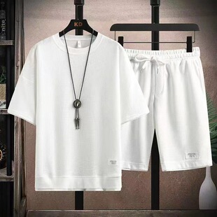 New Summer Waffleted suit Loose Youth Handsome Couple Short-sleeved Shorts 2-piece Sportswear for Men