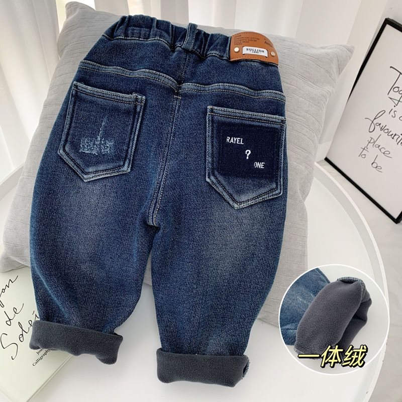 儿童加绒裤子男童一体绒加厚牛仔裤秋冬新款宽松帅气保暖休闲长裤