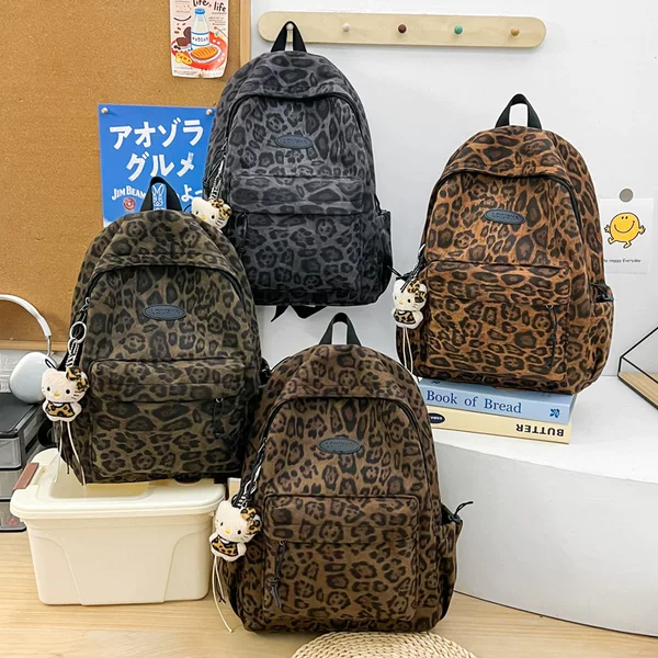 2026 New European and American Casual Style Leopard Print Student Backpack for Women, Fashionable and Versatile, Large Capacity, Suitable for Middle School Commuting