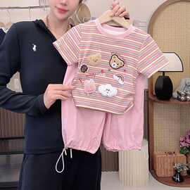 女童夏季套装2025新款洋气儿童宝宝条纹短袖工装裤时髦夏装两件套