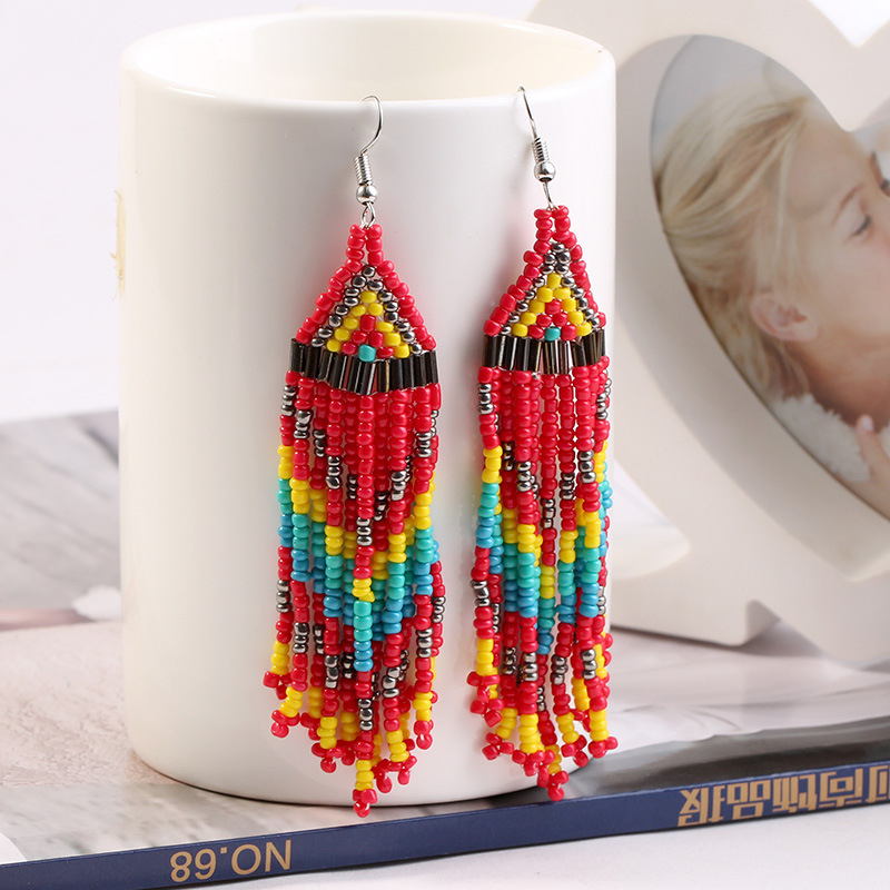 fashion multi-layer rice bead long tassel earrings