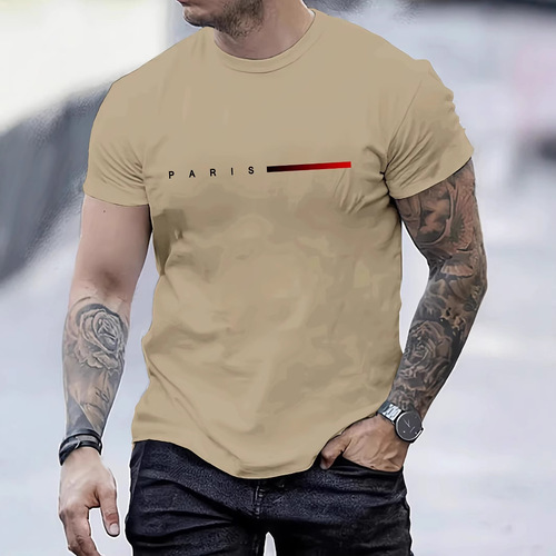 Men's 100% cotton loose Paris creative letter print casual slim round collar short-sleeve T-shirt top anime
