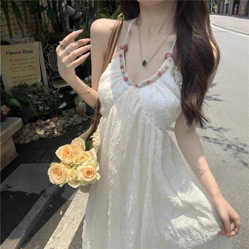 【】Luoyue Flower Goddess~Pure Desire Style Backless Halter Suspender Skirt Printed Chiffon Seaside Dress Elegant 【】Luoyue Flower Goddess~Pure Desire Style Backless Halter Suspender Skirt Printed Chiffon Seaside Dress Elegant