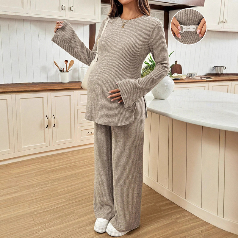 Foreign Trade Maternity Wear 2-Piece Set, Bell Sleeve Side Slit Top, Knitted Maternity Pants, Adjustable Waist Maternity Suit
