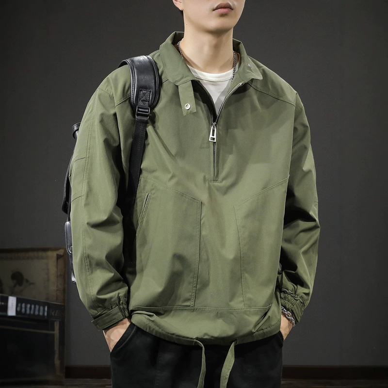 Autumn trendy outdoor functional windbreaker for men, loose fit, plus size, mountain style, retro half-zip work jacket, fashionable outerwear