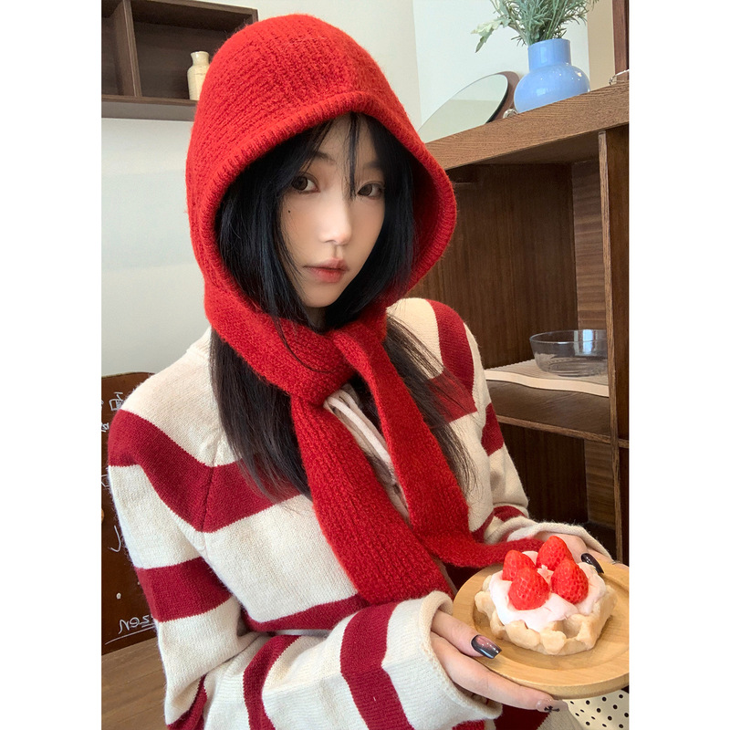 红色巴拉克拉法帽女秋冬保暖毛线帽子围巾一体连帽围脖针织套头帽|undefined