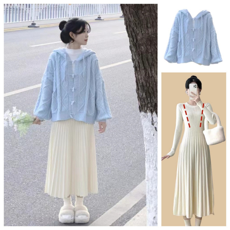 Breastfeeding Clothing Autumn and Winter New Style Small White Sweater Jacket Autumn Breastfeeding Knitted Dress Two-Piece Set