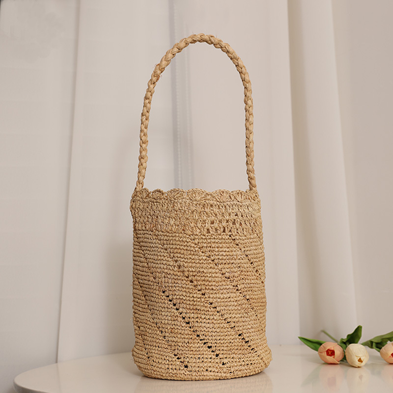 Luxury Crochet Raffia Shoulder Bag Hollow Lace Handheld Bucket Woven Bag Women's Vacation Beach Bag - Thumbnail 6