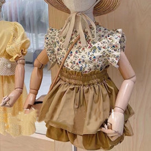 韩国童装2024夏季新款女童洋气时髦套装宝宝碎花荷叶边衬衫花苞裤