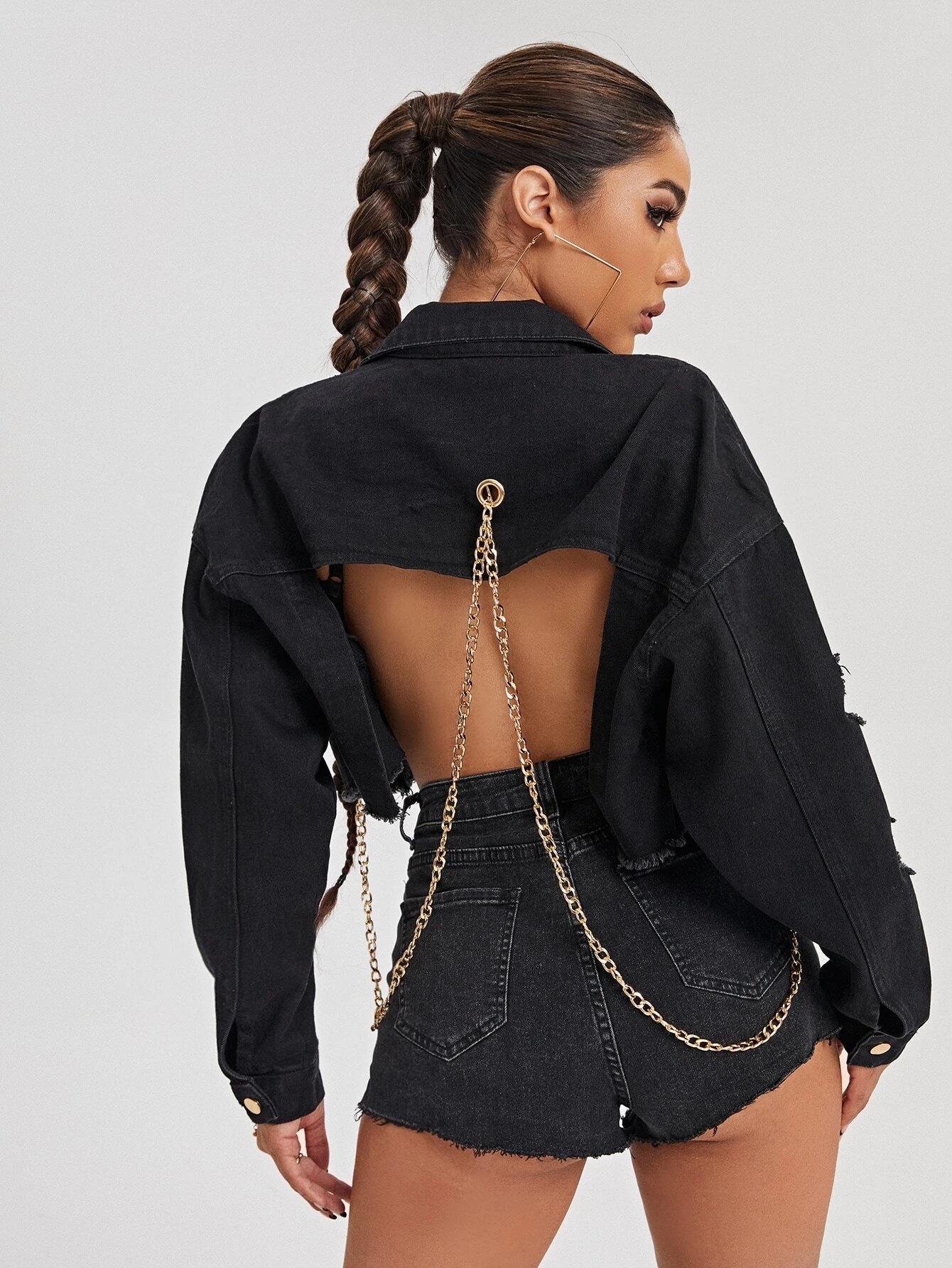 ripped backless long sleeve slim chain short denim jacket NSFH129996