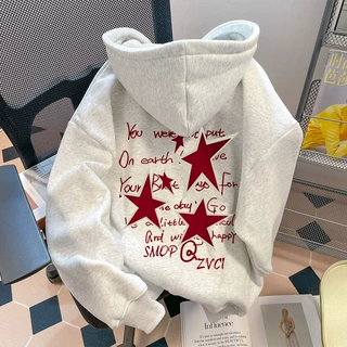 印花潮牌连帽卫衣男美式宽松重磅秋冬季情侣加绒加厚女帽衫外套