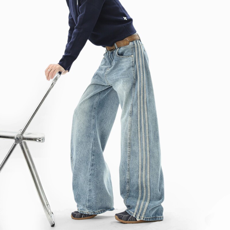 American-style side-striped jeans for men and women, loose-fitting, patchwork, curved-leg pants, vintage trendy design trousers for autumn American-style side-striped jeans for men and women, loose-fitting, patchwork, curved-leg pants, vintage trendy design trousers for autumn