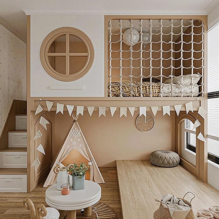 All Solid Wood Children's Bed for Girls and Boys, Loft Bed with Slide, Bunk Bed, Treehouse Bed, Children's Room, Whole House with Silk Flowers