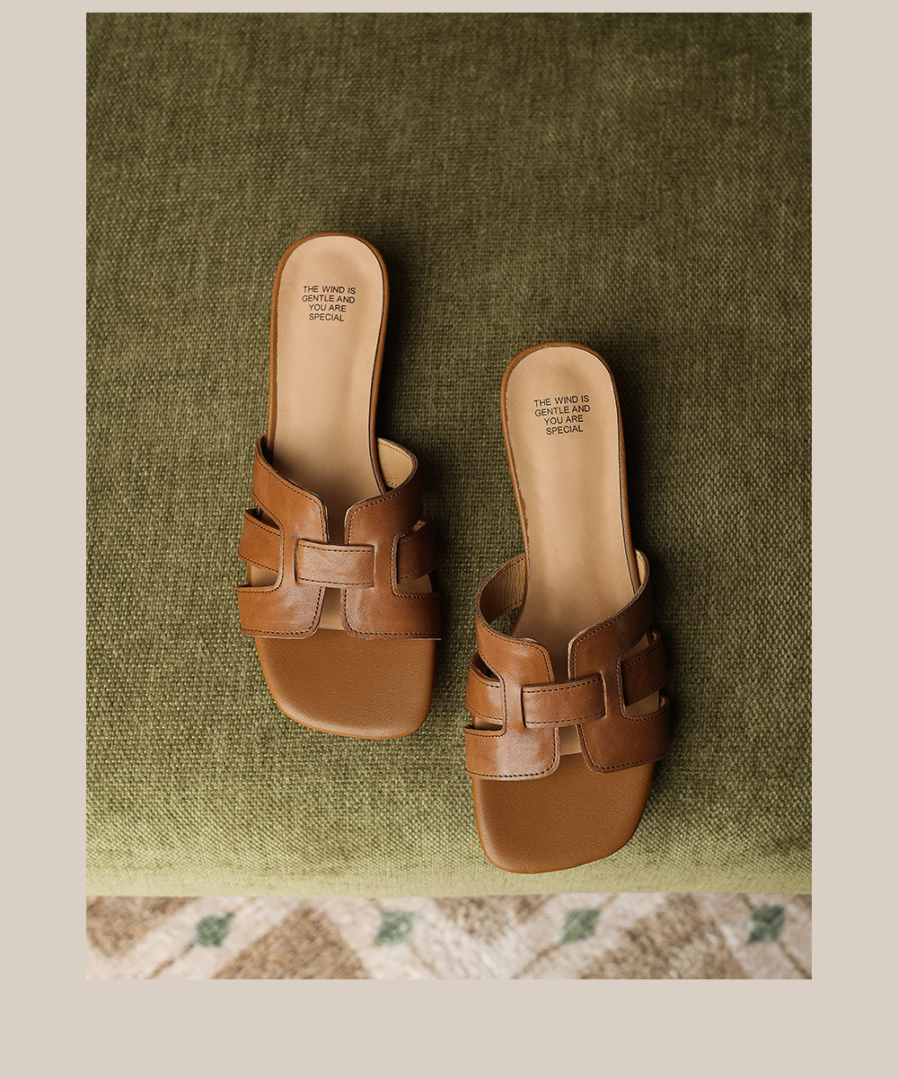 Sandal nữ da bò gót vuông thấp mũi vuông hở ngón phong cách Hàn Quốc — đen chi tiết 17