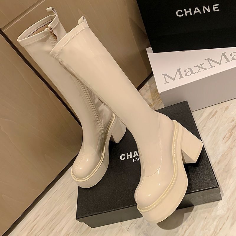 Short Women's Thick-Soled Long Boots, Platform Elastic Knee-High Boots, 2022 New Autumn and Winter Style, Ultra-High Heel Slim Tall Boots