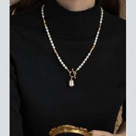 韩版简约复古珍珠OT扣异形珍珠吊坠短款锁骨链女气质项链女