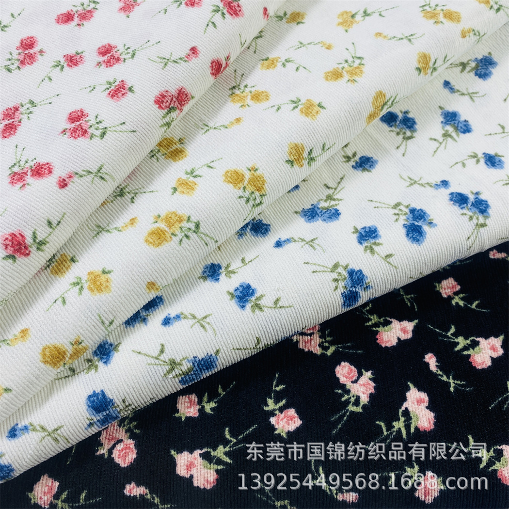 小清新印花布 锦涤21W灯芯绒印玫瑰花 秋冬新款条绒印花服装面料