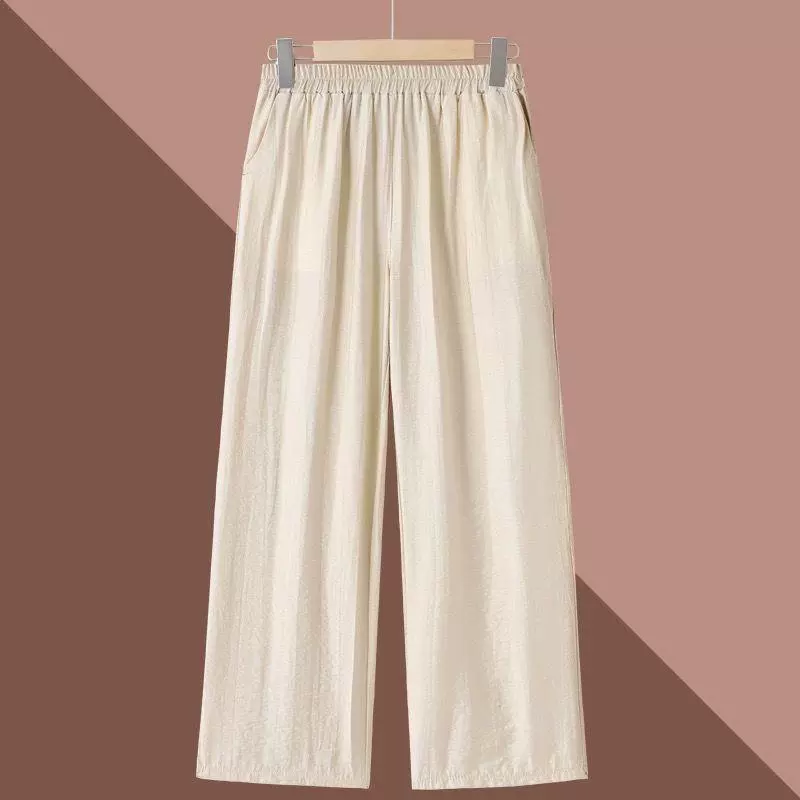 Брюки для мам среднего возраста Тонкие брюки из хлопка и льна с широкими штанинами из восьми точек Летние брюки для женщин среднего и пожилого возраста Свободные повседневные брюки до щиколотки для женщин