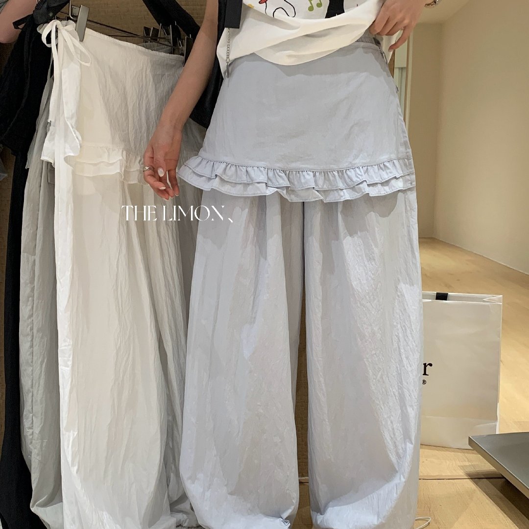 Quần culottes nữ ống rộng cạp cao, phối viền ren xếp tầng, dáng suông rộng, thanh lịch và thoải mái — màu đen, Xanh da trờicolor, màu trắng, Đá vôi