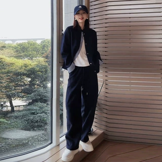 韩系休闲时尚套装女春秋格子拼接设计感小众卫衣外套阔腿裤两件套