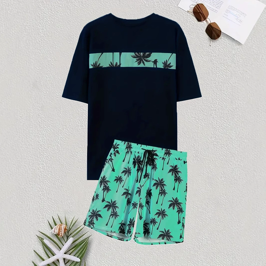 Трансграничные европейские и американские мужчины Летний набор из двух частей тропической кокосовой пальмы повседневная футболка с принтом и шнурки