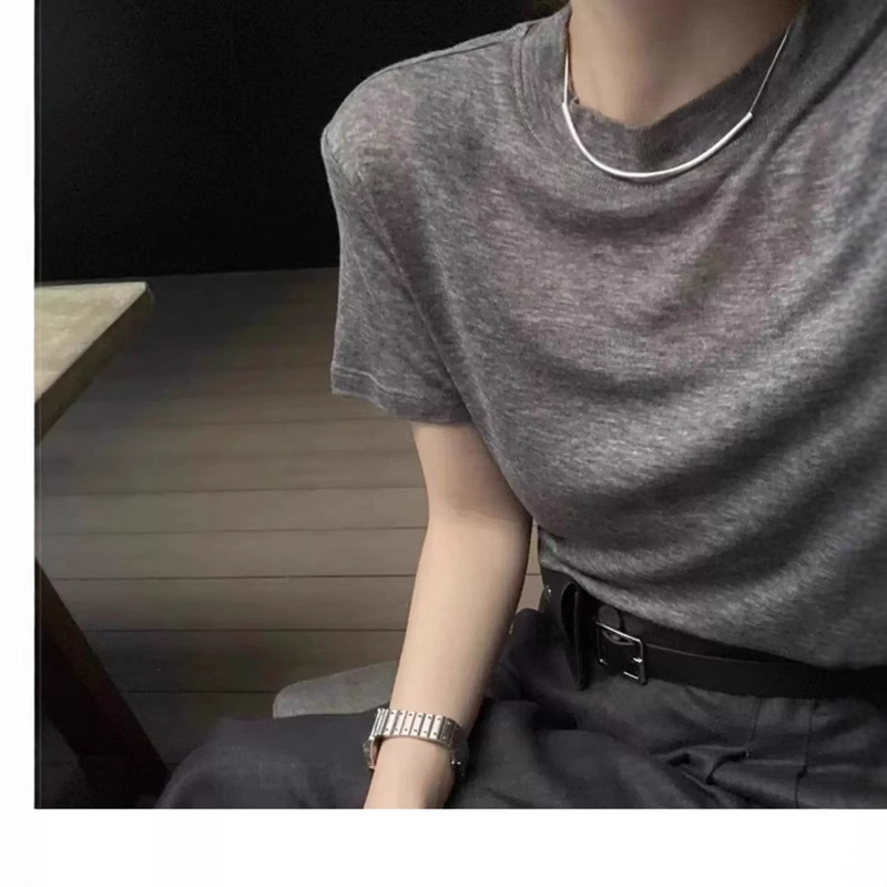 German Yangtze Yarn 120S Design Sense Micro-transparent High-count Skin-friendly Crewneck Women's Short-sleeved Worsted Wool T-shirt