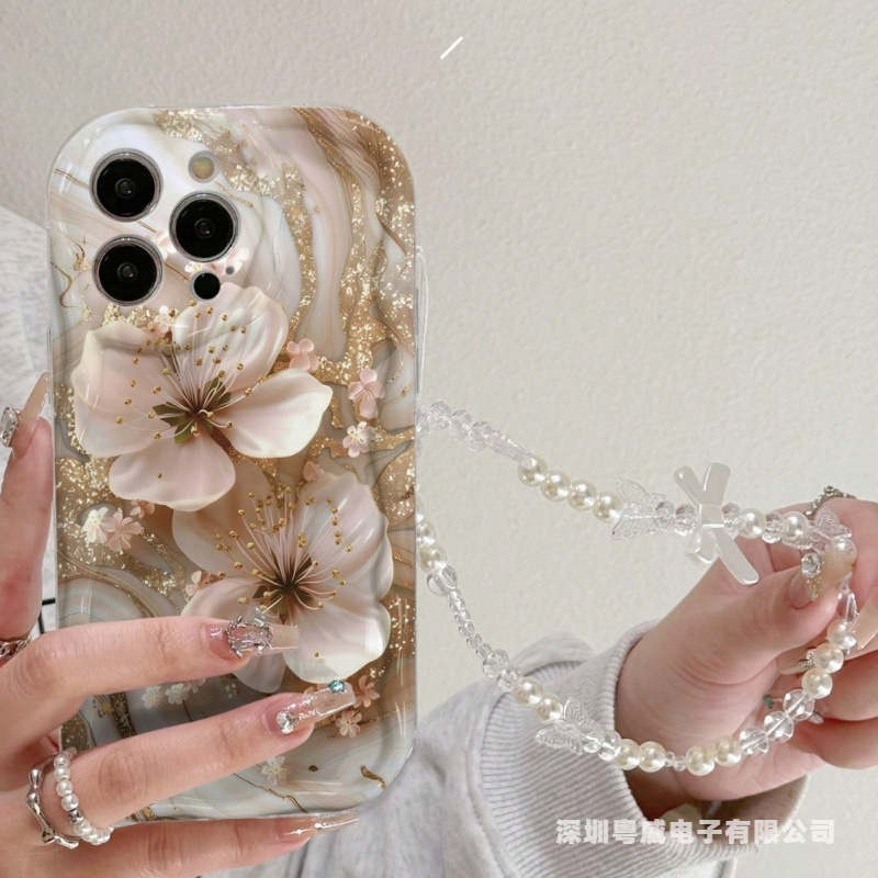 鎏金白花适用苹果16pro高级15pro手机壳14奶油13链条12跨境11爆款