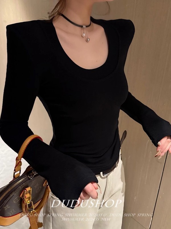 Uネック長袖起毛ベルベットTシャツボトリングシャツレディース2024肩パッドなしスリムフィットトップブラック|undefined