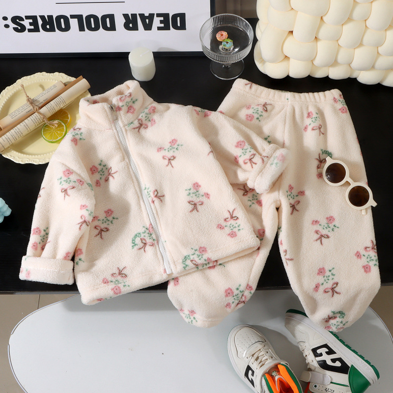 儿童家居服套装男女宝宝双面加绒加厚泡芙绒睡衣外套加保暖两件套|undefined