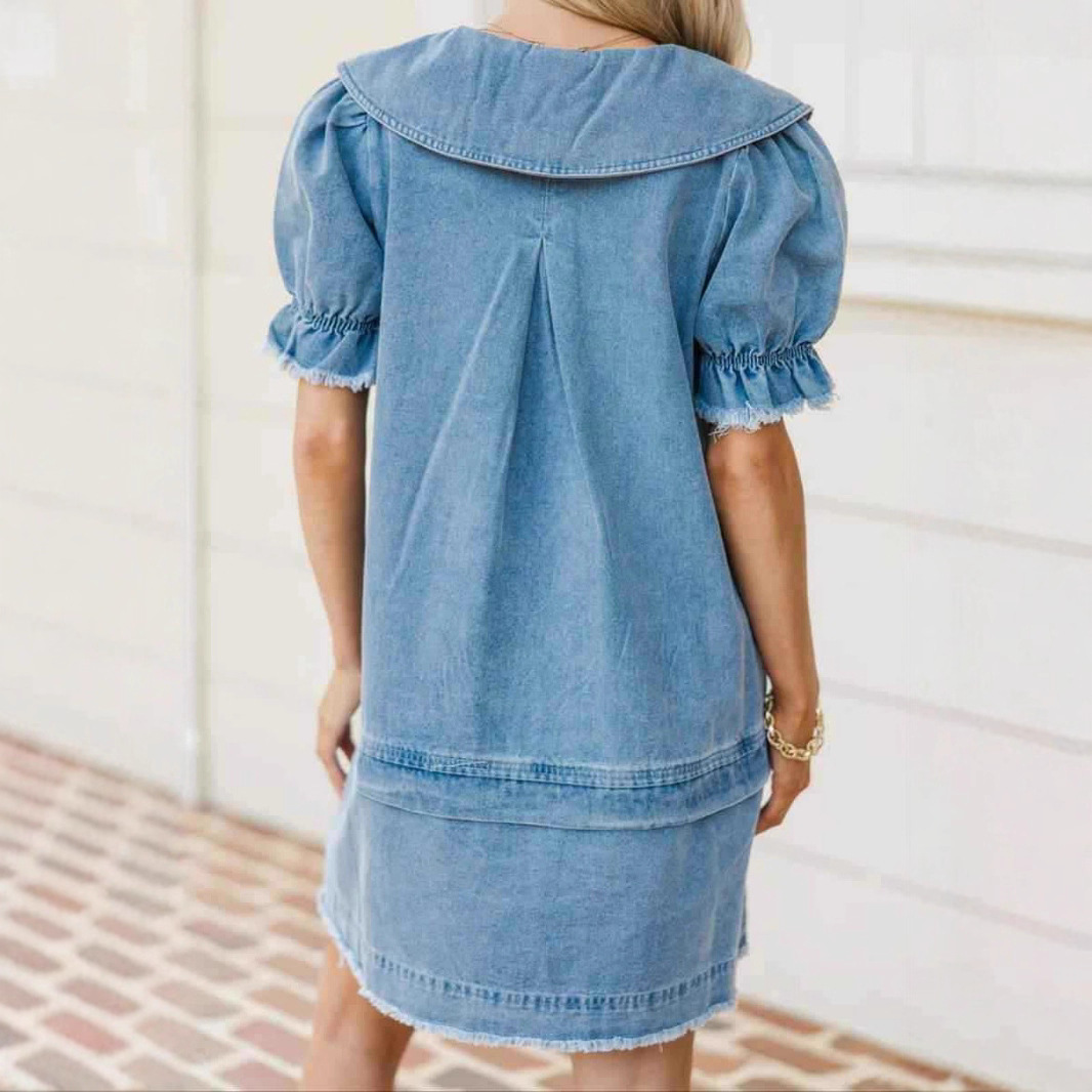 Women's Summer Denim Dress New Arrival Lapel Loose Ruffle Style_ecoleips.com