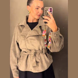 跨境欧美复古麂皮翻领短款风衣外套女双排扣配腰带收腰仿鹿皮夹克