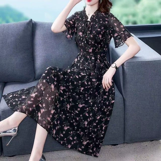 雪纺衫女长袖2025年春装新款碎花连衣裙女大码胖MM减龄打底长裙子