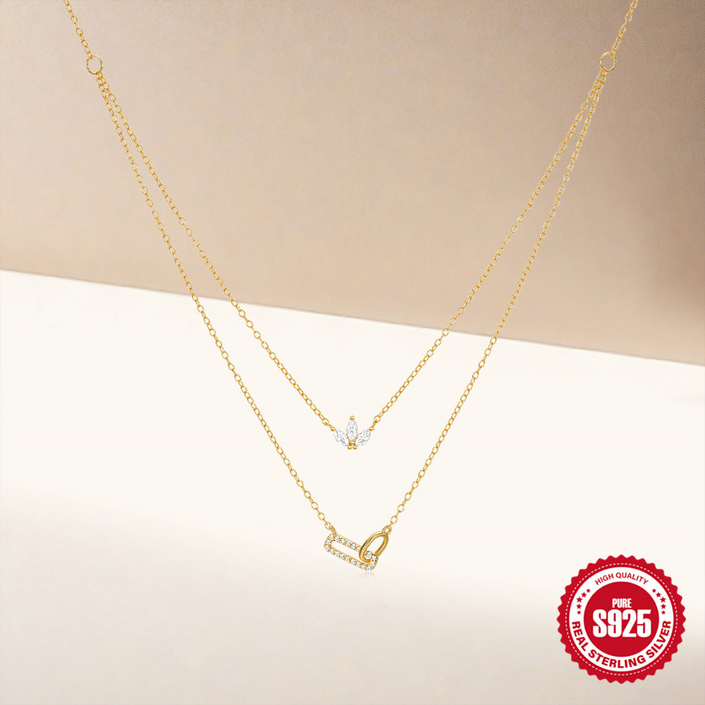 Moda europea y americana s925 plata de ley doble anillo ojo de caballo doble pinchazo collar de uso individual blanco perfecto cuello cadena de clavícula